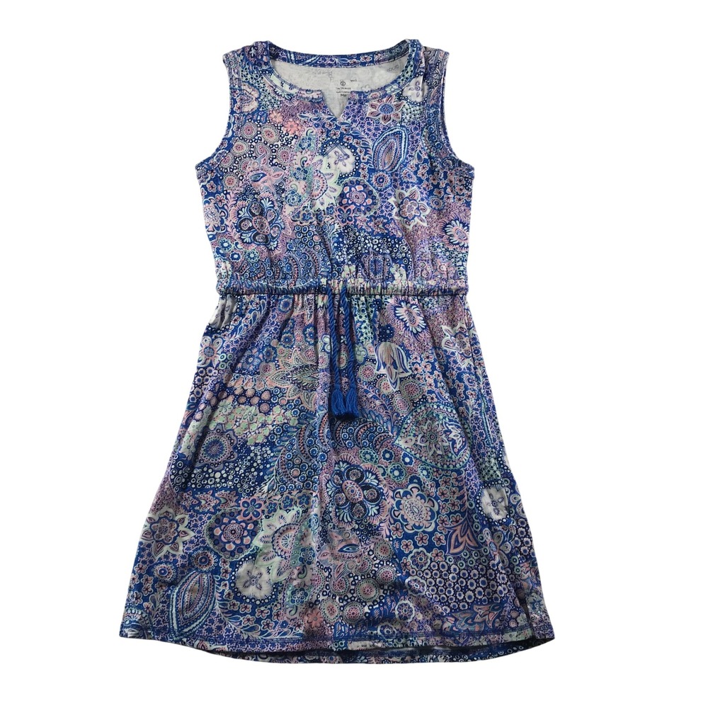 T by Talbots Paisley Floral Sleeveless Dress Blue Pink Petite Medium Drawstring